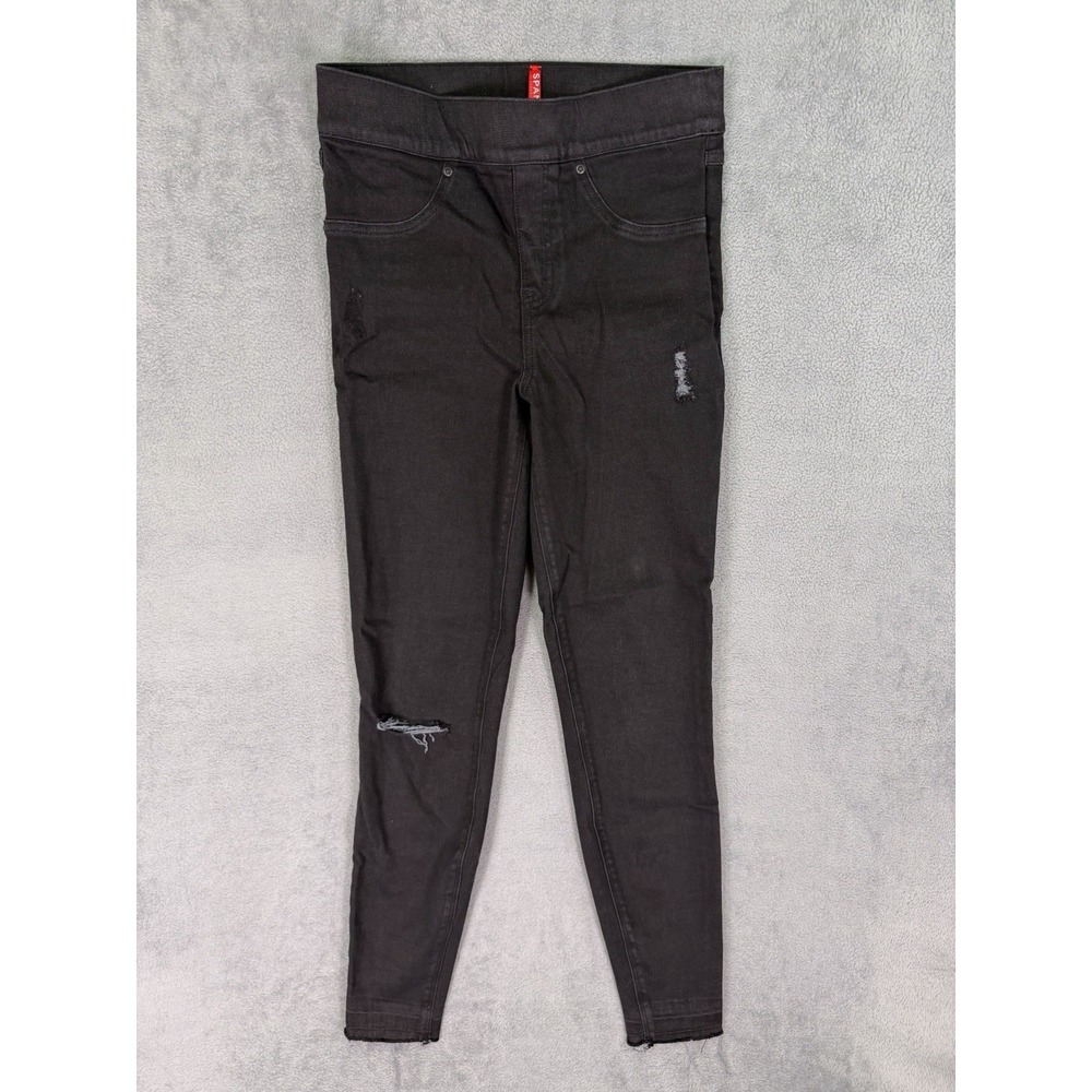 Spanx Jegging Womens Small Black Pull On Distressed Denim Skinny Stretch Raw Hem